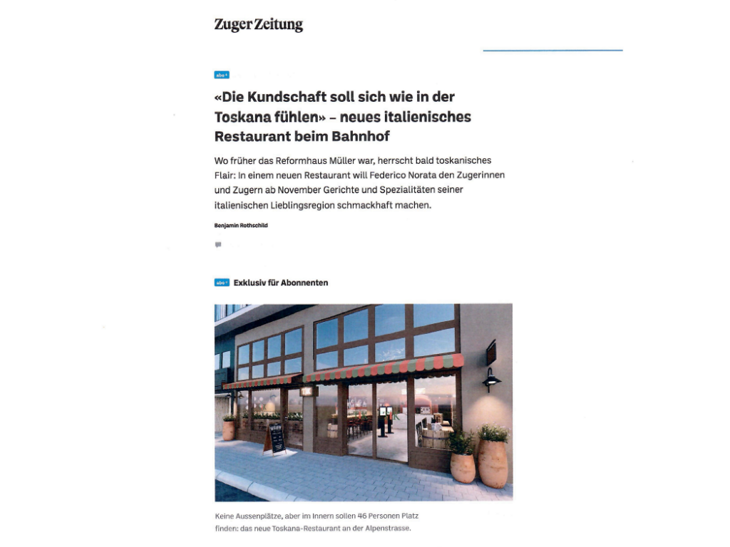 Zuger Zeitung Zug – Tuscany Italian Kitchen: A Slice of Tuscany in the Heart of Zug
