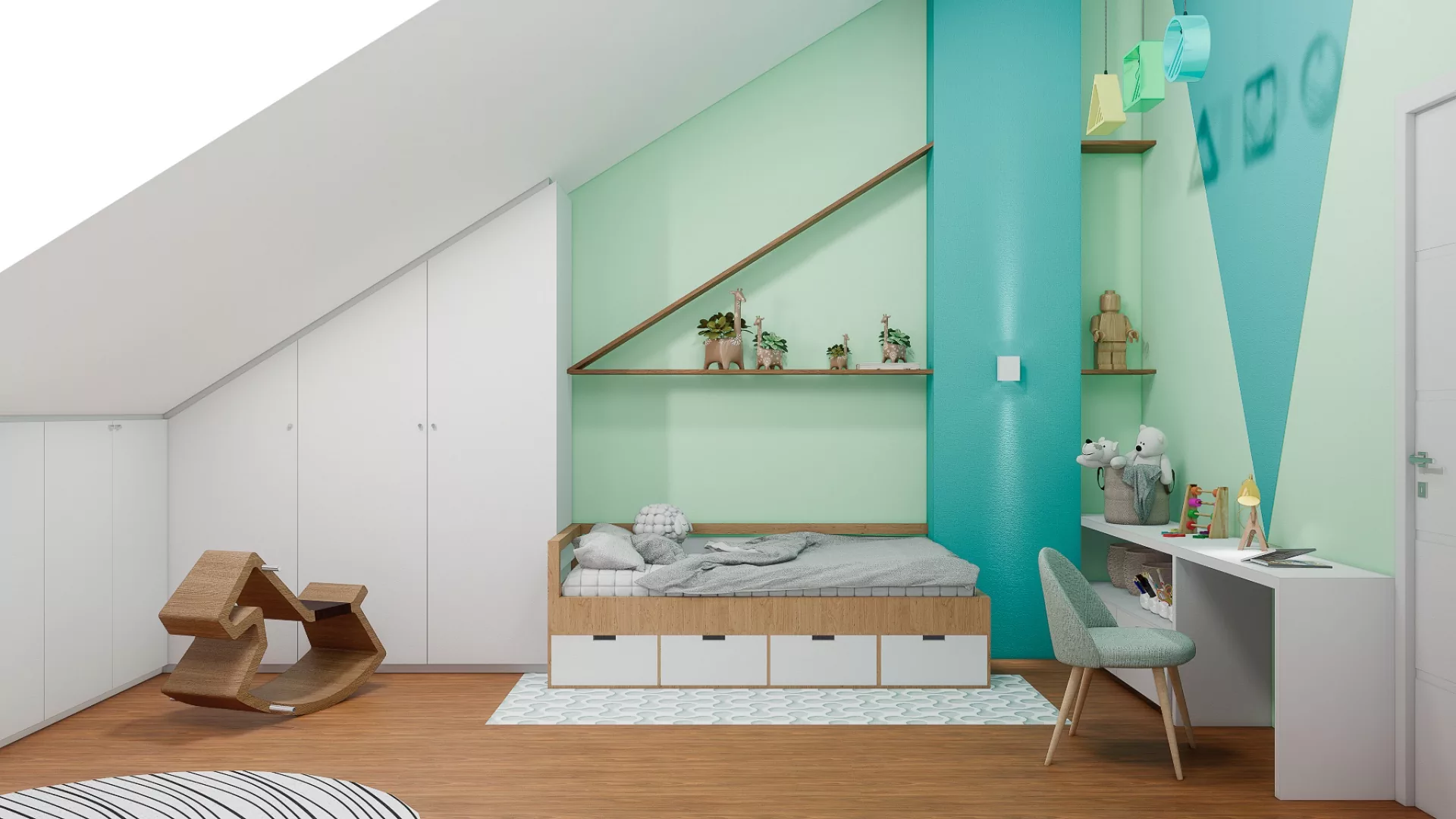 La Vaux, Etoy : chambres d'enfants sous les combles, lits avec tiroirs et rangements bas à portée de main (visualisations du projet).