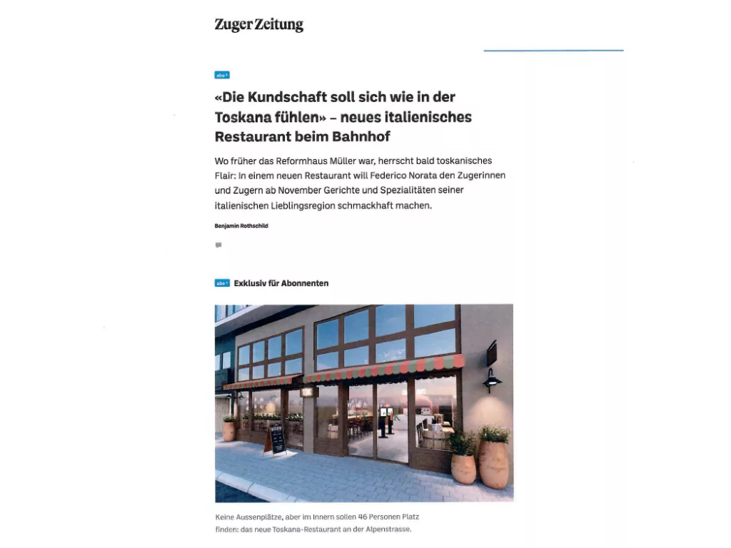 Zuger Zeitung Zug – Tuscany Italian Kitchen: A Slice of Tuscany in the Heart of Zug